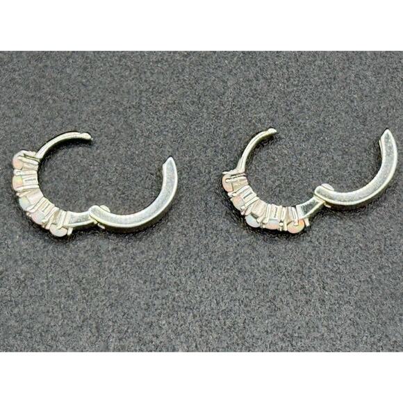 New Condition Dainty Sterling Silver Lab Opal Huggie Earrings 925 - Picture 8 of 8